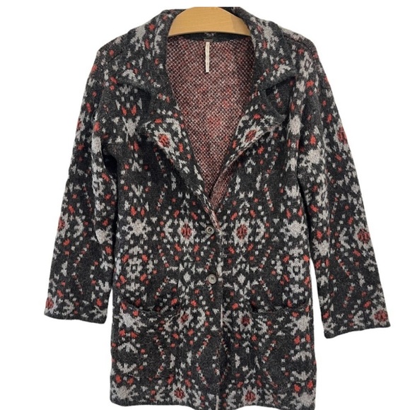 Free People Black Aztec Geo Print Long Cozy Jacket Wool Alpaca Blend Size XS - Picture 1 of 7